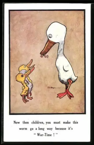 AK Entenküken werden mit Regenwurm gefüttert, Kriegsnot