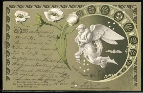 AK Engel trägt zwei schlafende Kinder, Gute Nacht, Blumen, Jugendstil