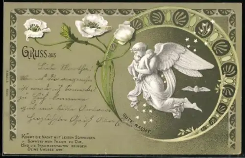AK Engel trägt zwei schlafende Kinder, Gute Nacht, Blumen, Jugendstil