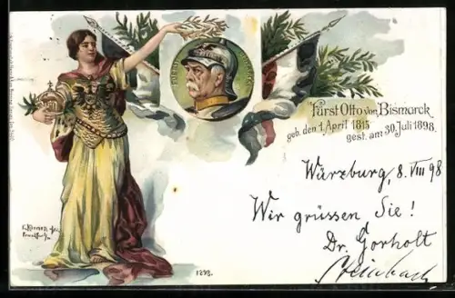 Künstler-Lithographie Fürst Otto von Bismarck, Germania krönt das Haupt