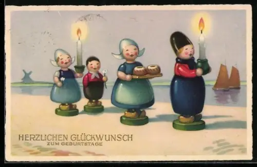 AK Kleine Puppen überbringen Kuchen zum Geburtstag