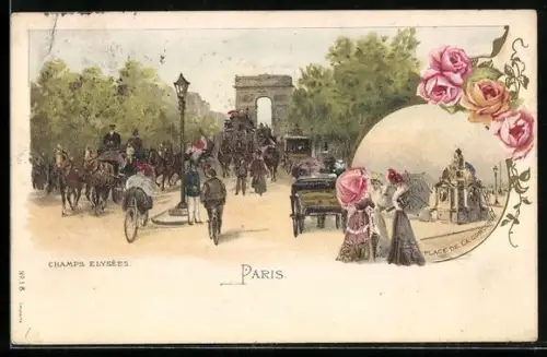 Künstler-AK Paris VIII, Champs Elysées, Place de la Concorde, coche