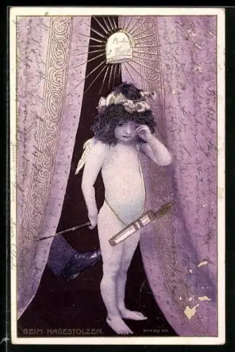 AK Amor mit Köcher hinter einem Vorhang, Jugendstil