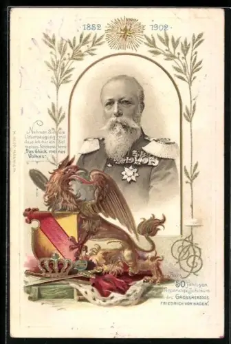 Lithographie Grossherzog Friedrich von Baden, 50jähriges Regierungs-Jubiläum, 1902