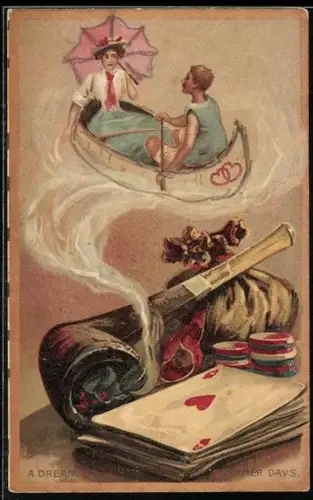 AK Verliebtes Paar im Ruderboot erscheint im Rauch der Pfeife, Kartenspiel, Metamorphose