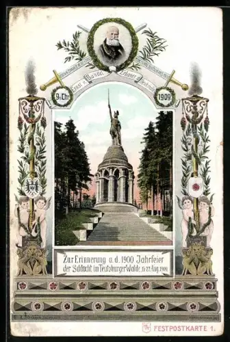 AK Detmold, Ansicht Hermannsdenkmal, kunstvoll gerahmt, u.a. mit Porträt des Erbauers