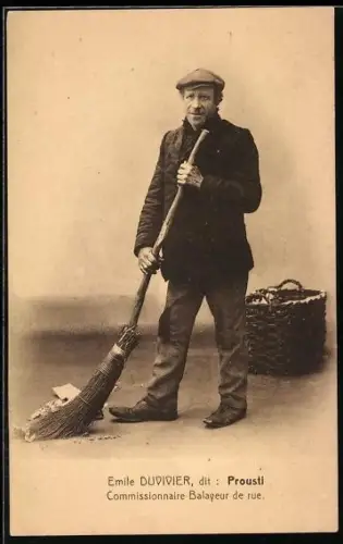 AK Commissionnaire Balayeur de rue, Emile Duvivier, dit: Prousti, Strassenfeger bei der Arbeit