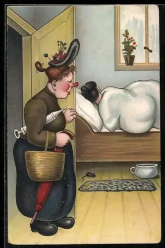 Künstler-AK Hebamme mit Einlauf für Patienten