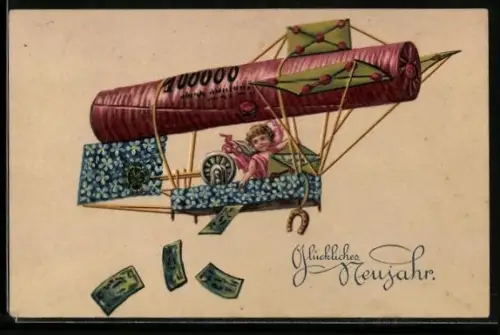 AK Neujahrsengel wirft Geldscheine aus dem Zeppelin, Glückliches Neujahr