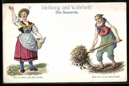 Künstler-AK Fritz Quidenus: Fröhliche Sennerin mit Fass im Tal, gealterte Sennerin nach der schweren Arbeit auf der Alm