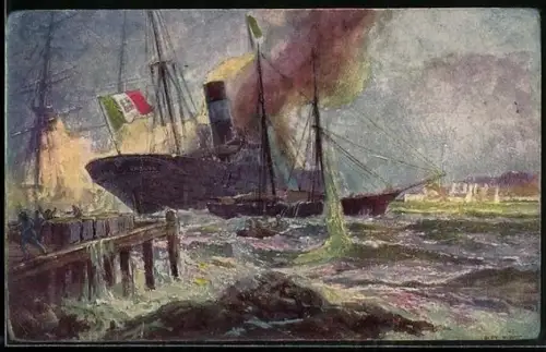 Künstler-AK Alexander Kircher: Beschiessung von Durazzo durch ein österr.-ungar. Kreuzergeschwader, Rotes Kreuz