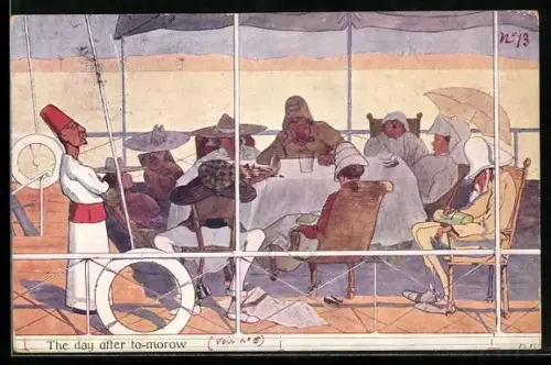 Künstler-AK Rudolf Pick: The day after to-morow, gelangweilte Schachspieler an Deck eines Nildampfers