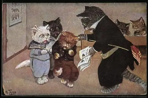 Künstler-AK A. Thiele: Lehrerkatze zieht Schülerkater am Ohr, Strafe für Tintenkleckse im Heft