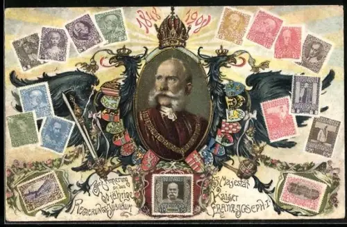 AK 60. Regierungs-Jubiläum Kaiser Franz Josef I. von Österreich, Briefmarken