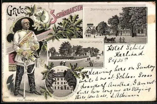 Lithographie Schönhausen / Elbe, Geburtshaus des Fürsten Bismarck, Dorfstrasse mit Kirche