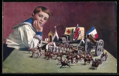 AK Junge im Matrosenanzug spielt mit seinen Spielzeug-Soldaten und -Geschützen