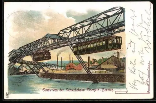 Lithographie Elberfeld-Barmen, Schwebebahn passiert eine Fabrik