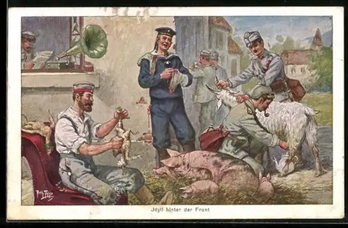 Künstler-AK A. Thiele: Idyll hinter der Front, Soldaten hören Grammophon, rupfen Hühner, melken Ziege, stopfen Socken