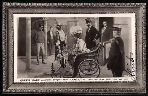 AK Queen Mary of England accepting a flower bouquet from Anita, a 30-year old person with dwarfism
