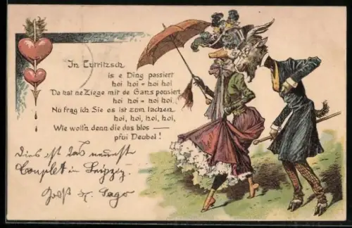 Lithographie Ziege und Gans bei einem Spaziergang