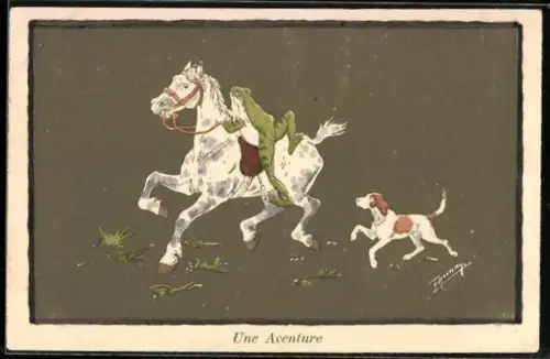 Künstler-AK Une Aventure, Frosch klettert auf Pferd