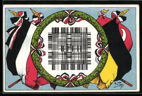 Künstler-AK A. Thiele: Überraschungskarte, Gott segne Deutschland, Fahnen, Kranz