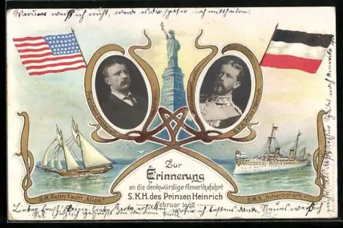 Lithographie Amerikafahrt des Prinzen Heinrich von Preussen 1902, Präsident der USA Roosevelt, SMS Hohenzollern