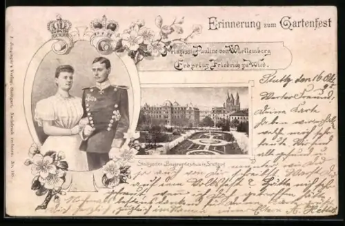 AK Stuttgart, Paarportrait von Prinzessin Pauline von Württemberg und Erbprinz Friedrich zu Wied, Partie im Stadtgarten
