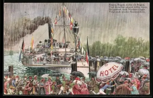 Künstler-AK Arthur Thiele: Bodenseefähre und Passagiere bei Regen