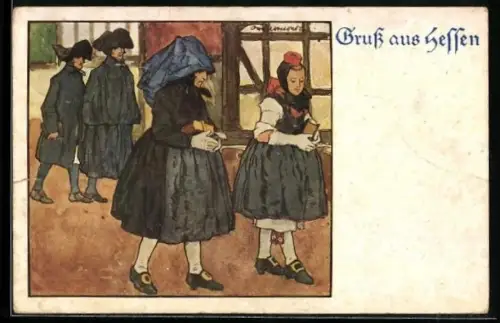 Künstler-AK Ubbelohde: Hessen, auf dem Weg zur Kirche in hessischer Tracht