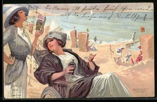 Künstler-AK sign.: Felix Schwormstädt: Reklame für Dr. Hommel's Haematogen Kräftigungsmittel, Frauen am Strand