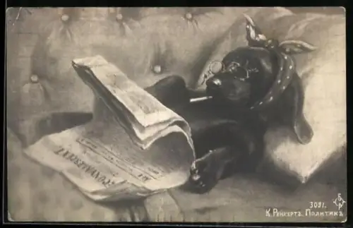 Künstler-AK Carl Reichert: Dackel mit Zigarette liegt auf dem Sofa und liest Zeitung