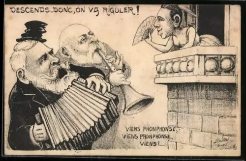 AK Karikatur mit einem feminin dargestellten Alfons XIII. von Spanien und Loubet