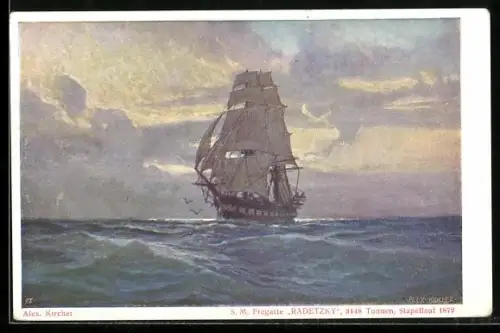Künstler-AK Alexander Kircher: S.M. Fregatte Redetzky, 3448 Tonnen, Stapellauf 1872, Kriegsschiff