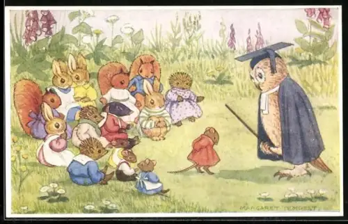 Künstler-AK Margaret Tempest: Eule unterrichtet eine Gruppe verschiedener Nagetiere auf einer Wiese