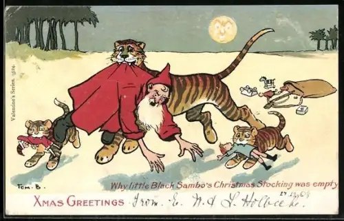 Künstler-AK Tom Browne: Der Weihnachtsmann wird von einer Tigerfamilie entführt