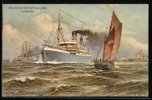 Künstler-AK Willy Stoewer: Passagierschiff verlässt den Hamburger Hafen