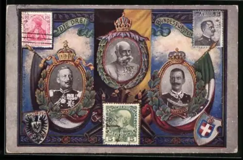 AK Portraits Kaiser Franz Josef I. von Österreich, König Victor Emanuel III. von Italien, Kaiser Wilhelm II.