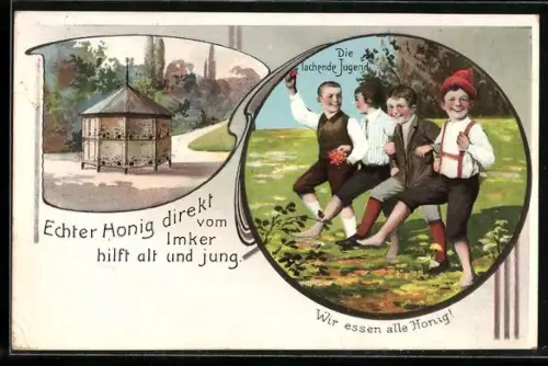 AK Leipzig, Reklame für eine Imkerei mit lachenden Jungen, Bienen-Zeitung