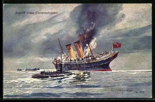 Künstler-AK Harry Heusser: Angriff eines Unterseebootes