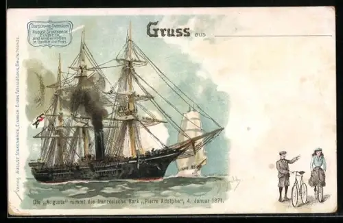 Künstler-AK Hans Bohrdt: Szene des Gefechts zwischen der Augusta und der Pierre Adolphe, daneben ein Paar mit Fahrrädern
