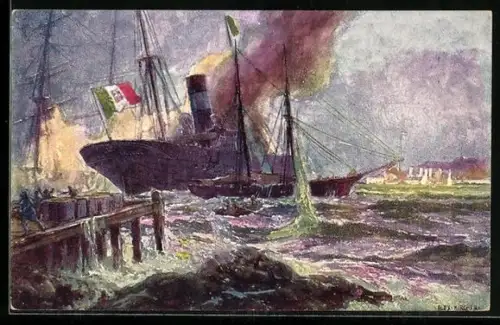 Künstler-AK Alexander Kircher: Beschiessung von Durazzo durch ein österr.-ungar. Kreuzergeschwader, Rotes Kreuz