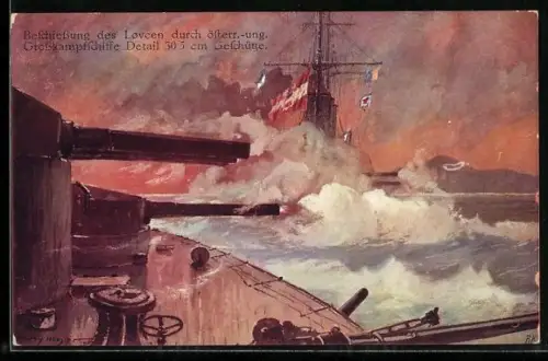 Künstler-AK Harry Heusser: Beschiessung des Lovcen durch Grosskampfschiffe