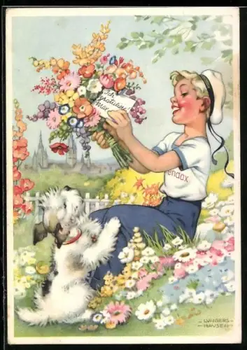 Künstler-AK Ilse Wende-Lungershausen: Blendax Max mit Terrier und Blumenstrauss