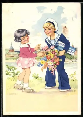 Künstler-AK Ilse Wende-Lungershausen: Blendax-Max im Matrosendress mit Zahnpasta und Blumenstrauss