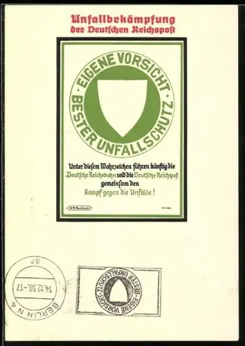 AK Unfallbekämpfung der Deutschen Reichspost, Wahrzeichen, Eigene Vorsicht - Bester Unfallschutz