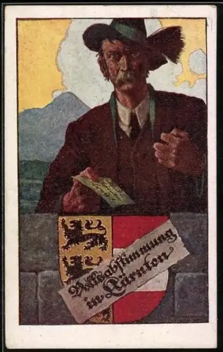 Künstler-AK Ernst Kutzer: Volksabstimmung in Kärnten 1920, Österreicher mit Stimmzettel, Wappen