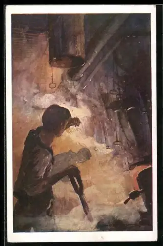 Künstler-AK Harry Heusser: Rotes Kreuz, Kriegsfürsorge d. Österrr. Flottenvereins, Heizraum der Zenta vor dem Untergang