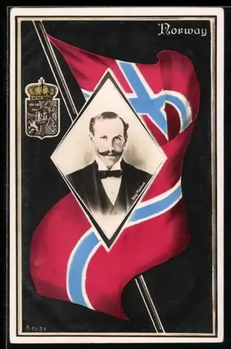 AK König Haakon VII. von Norwegen, Bildnis mit Wappen und Nationalflagge