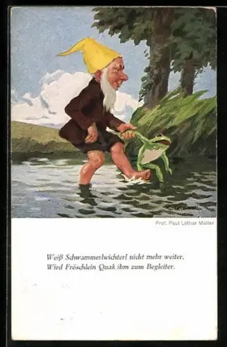 Künstler-AK Paul Lothar Müller: Zwerg mit Frosch an der Hand